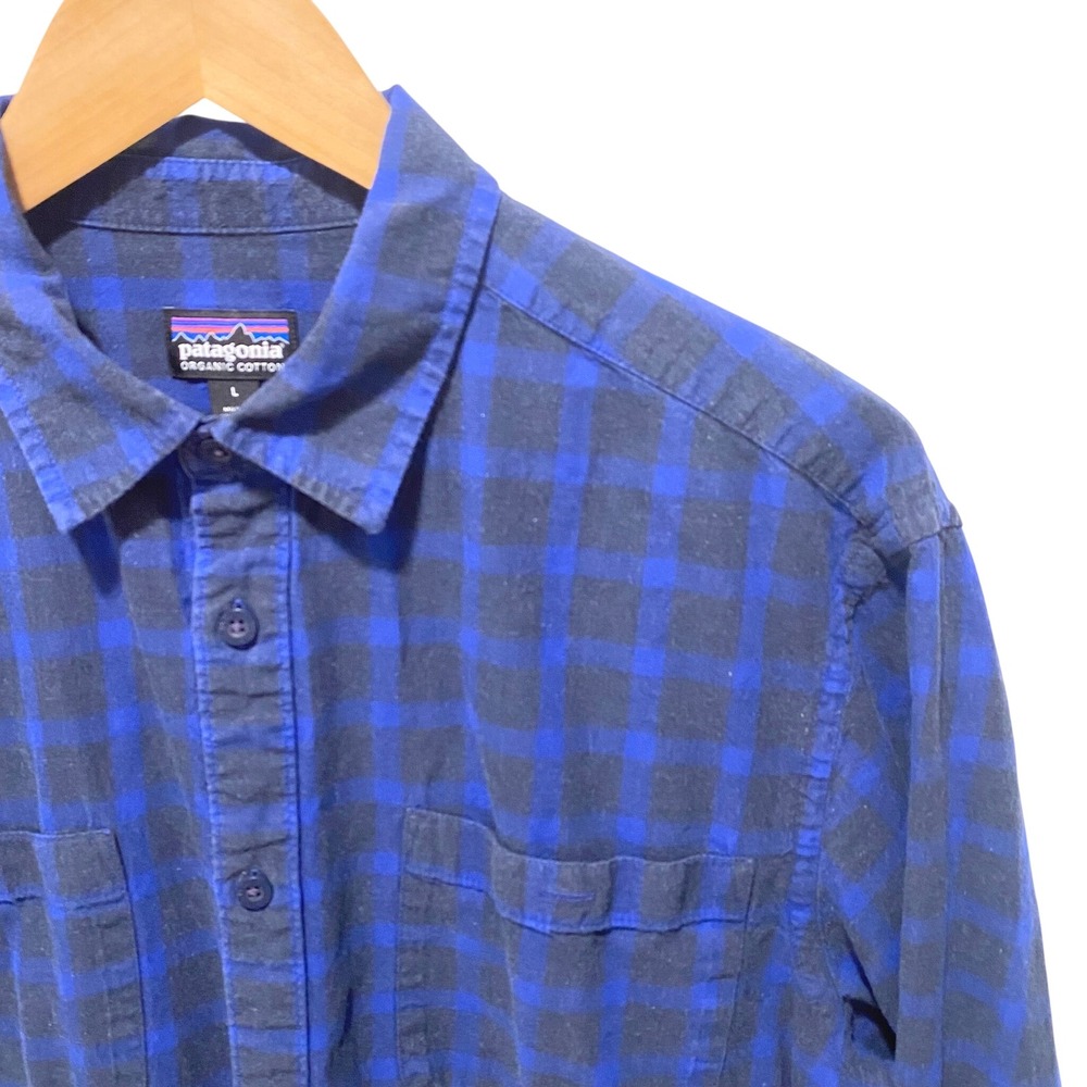 Patagonia Mens Organic Cotton Blue Black Check Backstep Shirt Large L